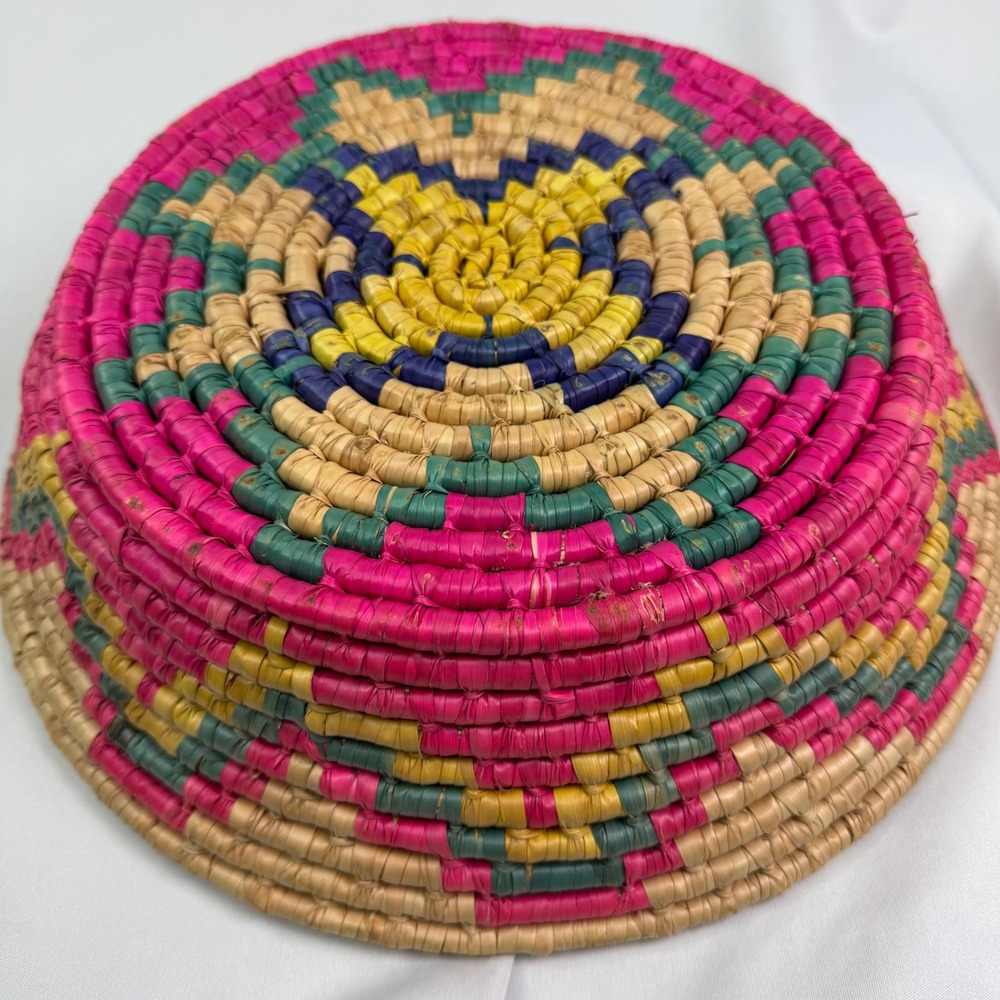 Hand Woven Coiled Straw Basket Bowl Pink Yellow Geometric Boho Decor 10 Inch